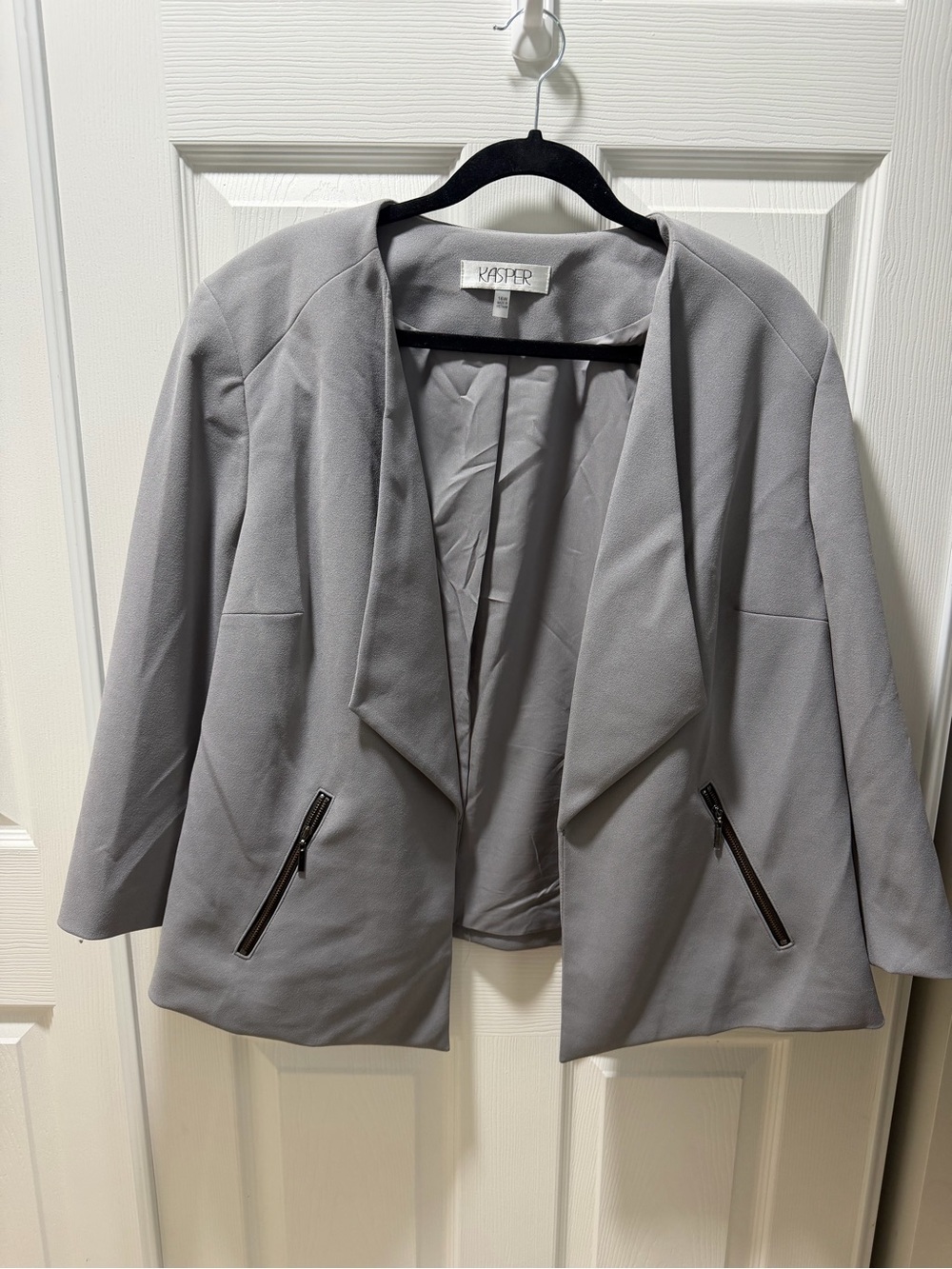 Kasper Light Gray Open-Front Blazer with Zip Pocket Detail
